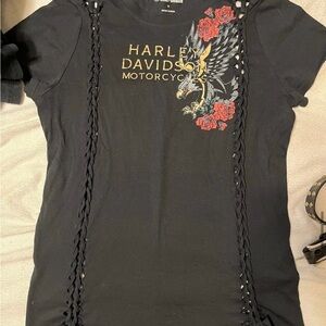 Harley-Davidson Black Tee with Gold Logo, Red Rose & Silver Eagle